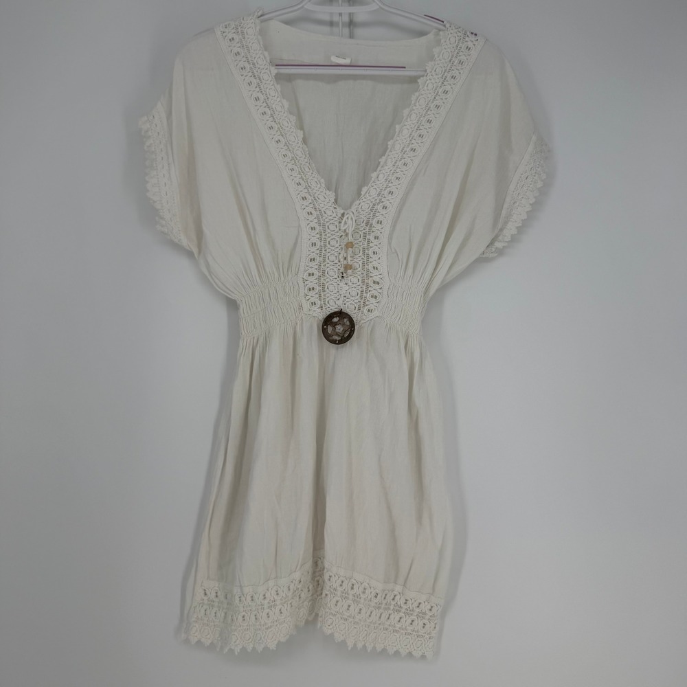 Grupo Thopa Tunic Dress Women OS White Cotton Crochet Boho Smocked Peru Romantic